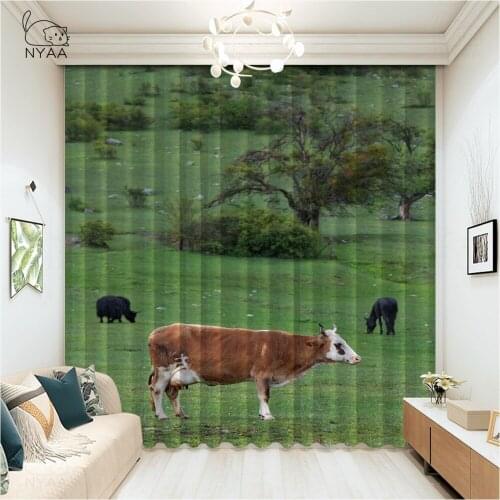Bull Landscape Nature Mammal Animal Meadow Cattle Curtain Print Living Room House Curtains Modern Colored Curtains Micro Shading