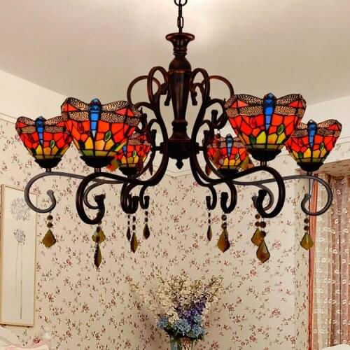 Mediterranean Living Room Chandelier European Countryside Dragonfly Bedroom Crystal Lamp Vintage Tiffany Creative Art