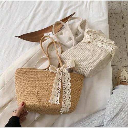 Women Summer Beach Shoulder Bag Straw Hand-Woven Rattan Large Capacity Tote Purse Lightweight Handbag with Lace Bow