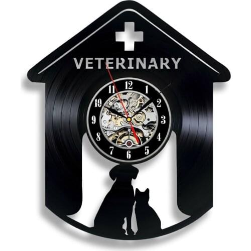 Veterinary Clinic Dog & Cat Classic 3D Animal Vinyl Record Clock Veterinary Care Vinyl Wall Clock Modern Design Wall Watch 12"