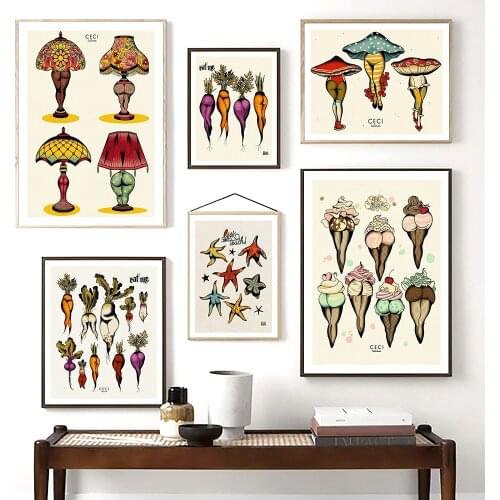 Funny Abstract Canvas Poster Mushroom Carrots Butt with Sexy Woman Leg Prints Vintage Wall Art Picture for Bedroom Home Decor