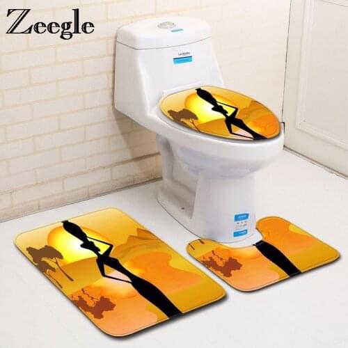 Zeegle Microfiber 3pcs Bath Mat Set African Woman Toilet Rugs Lid Toilet Cover Non-slip Bathroom Floor Mats Bathroom Carpets Set