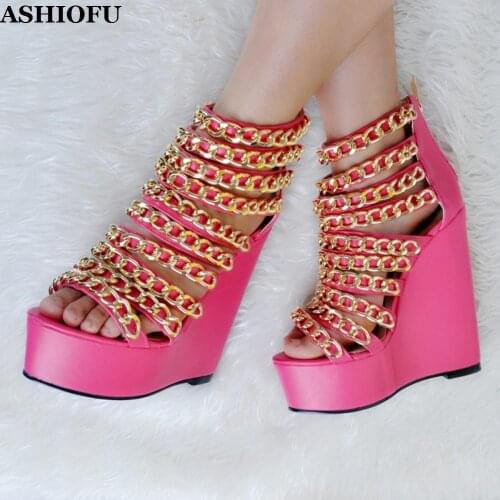 ASHIOFU Elegant Handmade Womens Wadge Heel Sandals Gold-Chains Party Prom Sexy Shoes Peep-toe Rome Evening Fashion Sandal Shoes