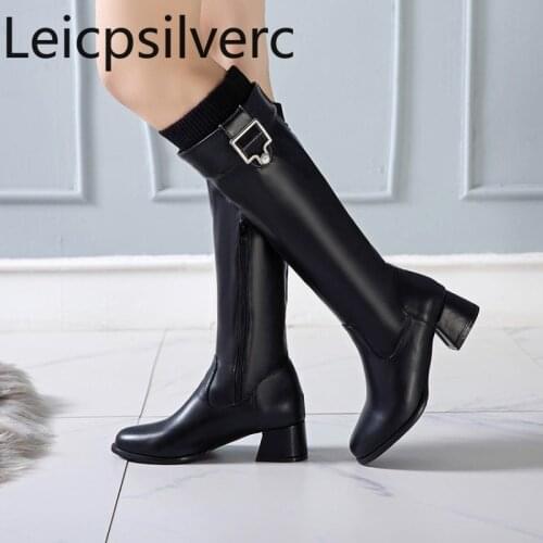 Womens Boots Autumn And Winter The New Round head zipper Metal Decoration mid heel High tube Womens shoes plus size 31-44