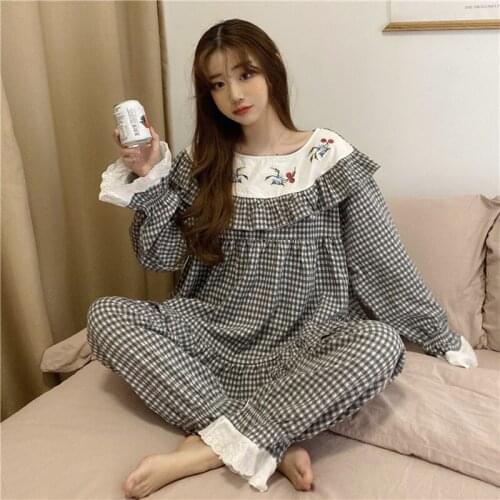 2021 Women New Spring Summer Pan Collar Korea Grid Pajamas Suit Sweet Lovely Embroidery Sleeve Pant Sleepwear 2pcs