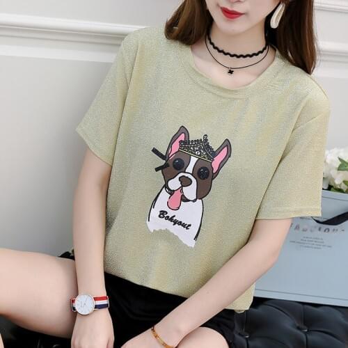 Lady Bright Silk Top 2018 Summer New Slim Printing Round Neck Streetwear T-shirt Short Sleeves Womens kawaii dog printing Top