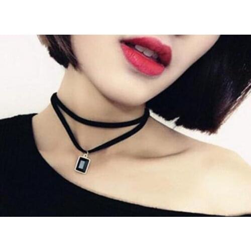 Gothic Punk Black Retro Leather Choker Collar Necklace Black Blue Crystal Pendant Women Girl Necklace Pendants Fashion Jewelry