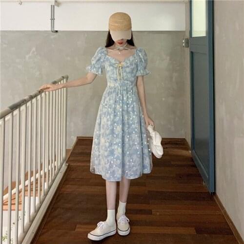 Ladies Summer Dress Floral New French Gentle Style Puff Sleeve V-Neck Dress