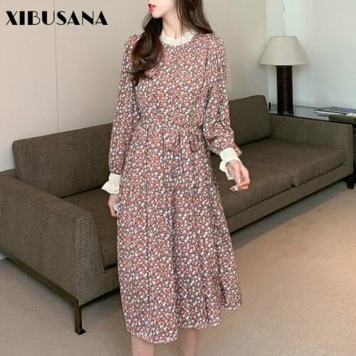 Women Chiffon Dress 2020 Autumn Spring Female Fashion Vintage Long Sleeve Casual Vestidos Printed Floral A-line Dresses
