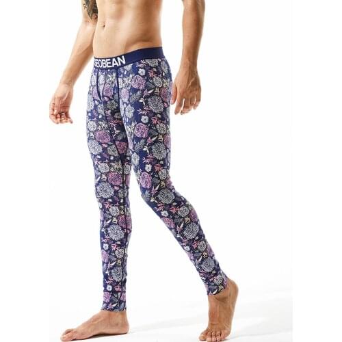 Winter Men Fashion sexy Long Johns Cotton Thermal Underwear purple flower WarmTight Single Long Leggings Pants High Quality