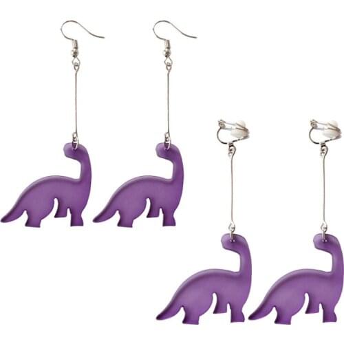 1 Pair Purple Transparent Acrylic Alloy Women Fashion Cartoon Dinosaur Earrings Ear Clip Cute Style Earring Jewelry 2020 New