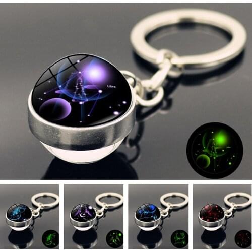 12 Constellation Luminous Keychain Zodiac Signs Jewelry Glow Glass Ball Pendant Key Ring Keychain for Key Birthday Gift Woman