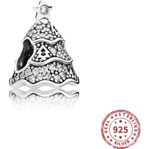 Real 925 Sterling Silver Charms Christmas tree Crystal Charm Beads Fit Original Pandora Bracelets Women Diy jewelry
