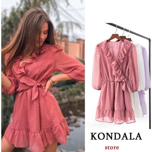 KONDALA Women Dress Za 2021 Fashion Vintage Dot Chiffon Mini Dress Female Cascading Ruffles V Neck Sexy Mujer Vestidos