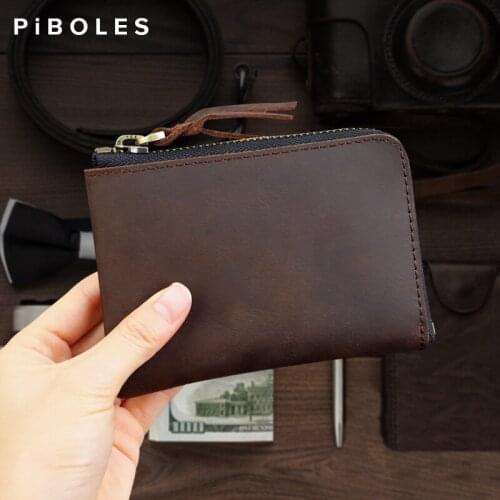 Crazy Horse Leather Card Wallet Handmade Credit Business Id Card Holder Bag Small Portable Storage Coin Purse Mini Zipper Pocket