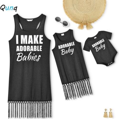 Qunq Mommy and Me Summer Dress 2021 New Letter Print Black Dresses for Women Kids Baby Girl Tassel Cotton Family Matching Outfit