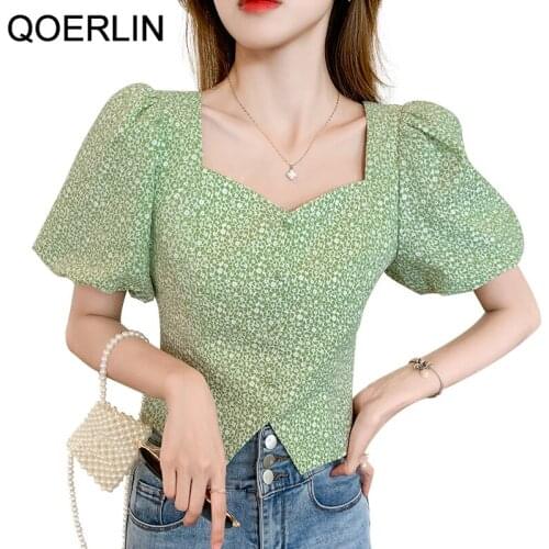 QOERLIN Fashion Tops Women Blouses 2021 Summer Blouses Puff Short Sleeve Shirt Female Buttons Chiffon Printed Blusa Shirt Womens