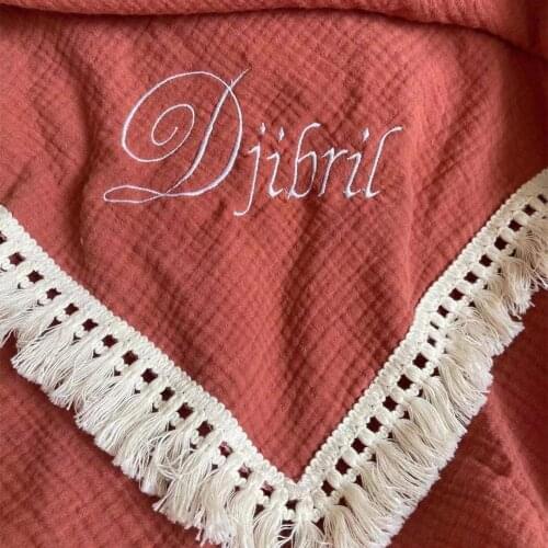 Muslin Swaddle Fringe Cotton Baby Blankets Baby Shower Gift Name Personalized Embroidered Baby Blanket Custom Bedding Blanket