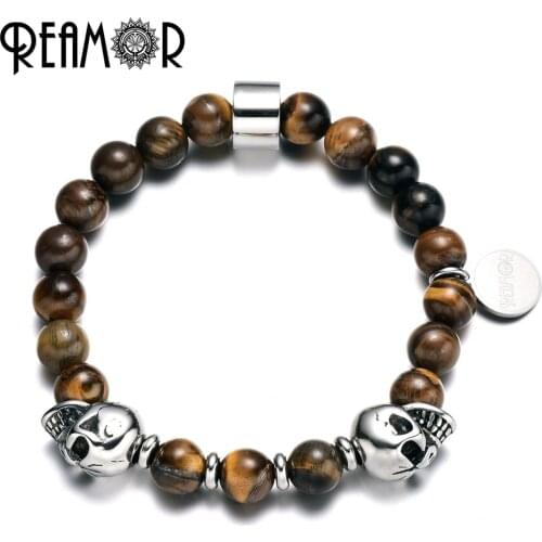 REAMOR Nature Men Tiger Eye Stones Bracelets Stainless Steel Skull Beads With Brand Tags Confidence Stretch Bracelets&Bangles