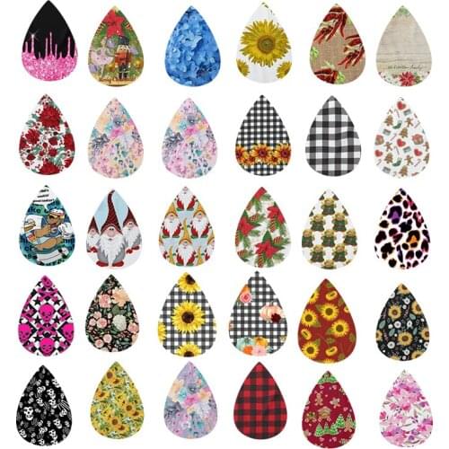 New ! Double Imprint Teardrop Earrings Christmas Gnomes Sunflower Halloween Pumpkin Skull Stripe Earrings Faux Leather