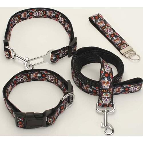 New single sell Dog Leash, Dog Collar, Safety Belt,Key Fob ,1 inch skull head pattern printed ribbon nylon belt