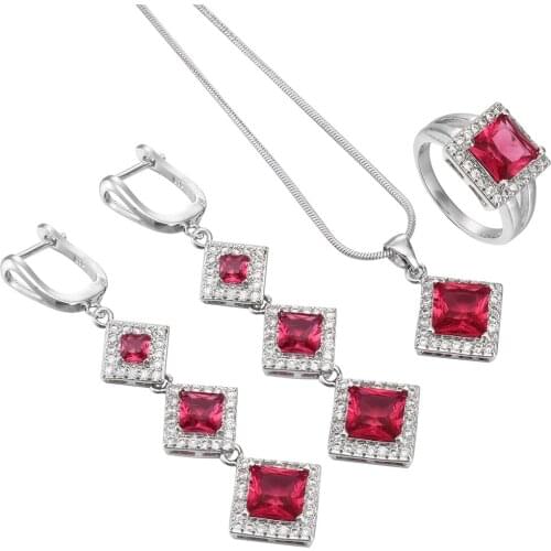 New Top White Gold Color Square Jewelry Set Multicolor Cubic Zircon Pendant/Earrings/Ring Women Wedding Jewelry Sets