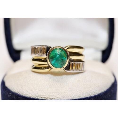 Vintage Original 18K Gold Natural Baguet Diamond And Emerald Decorated Pretty Strong Ring