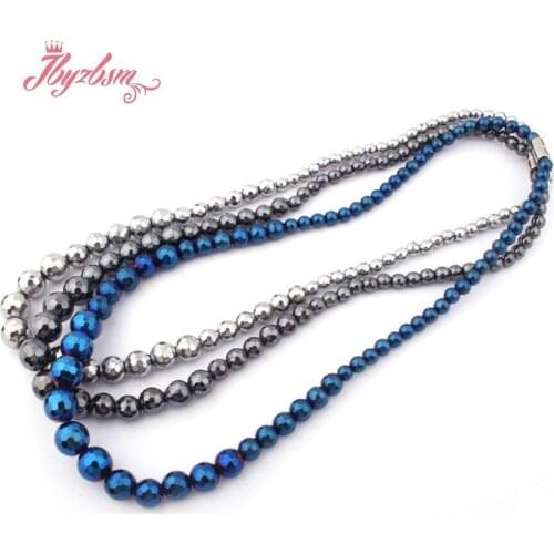 6-12mm Round Faceted (No Magnetic) Blue Silver Black Hematite Natural Stone Necklace Fashion Jewellery 19"Gift Free Shipping