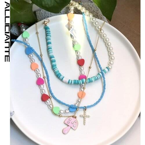 2 Pcs Sweet Pink Mushroom Cross Clay Beaded Necklace For Women Candy Heart Pearls Soft Pottery Bead Layered Choker Girls Jewelry