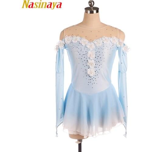 Nasinaya Figure Skating Dress Light Blue Color Customized Competition Ice Skating Skirt For Girl Women Kids Patinaje Flower