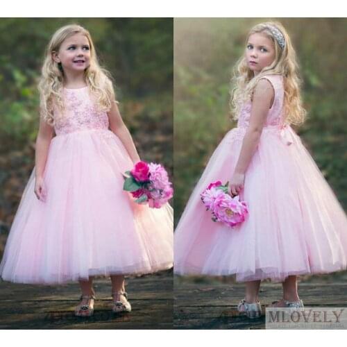 Stunning Toddler Kids Pink Flower Girl Dress Western Princess Jewel Neck Lace Girls Birthday Ball Gowns Tea Leng
