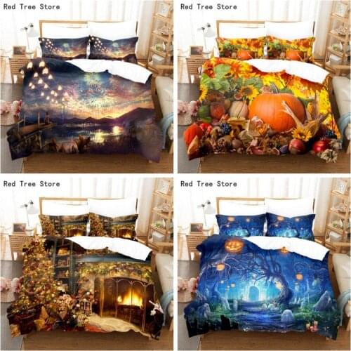 Festival 3D Printed Bedding Set Christmas Trees and Pumpkin Lamp Pattern Duvet Cover Comforter Pillow Case Sets Kids Adult Gift