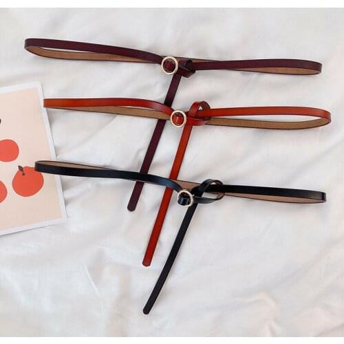 New Designer Womens Genuine Leather Thin Belt High Quality Knotted Belts For Female Dress Round Buckle Decorative Cowhide Strap
