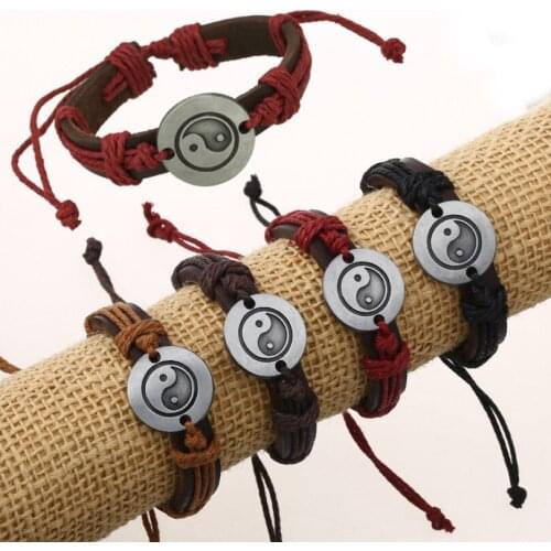 Vintage Retro Yin Yang Tai Chi Rope Bracelet Brown Genuine Leather Wrap Chinese Fengshui Charm Bangle Wristbands Casual Jewelry