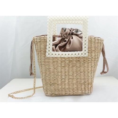 High Quality Women Fashion Straw Handbags Small Chain Crossbody Bags for Women Fashion Ladies Pearl Handle Shoulder Bucket Bag