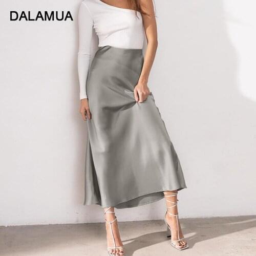 Women Satin Midi Skirt Smooth High Waist Solid Color Office Ladies Fashion Vintage 2021 Summer New Female Trumpet Mermaid Skirts