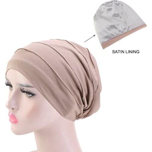 Women Soft satin lining India Hat Stretch Sleep cap Muslim Ruffle Cancer Chemo Hat Beanie Scarf Turban Head Wrap Cap Arab