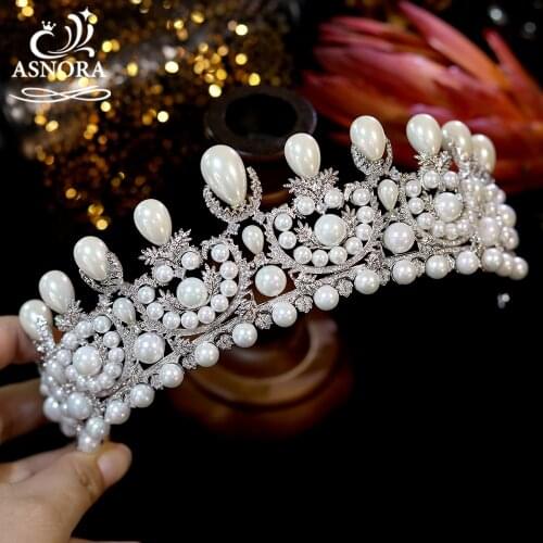 Designer Gorgeous Wedding Tiara Bridal Crowns with Big Pearl Zircon Crystals Women Hair Jewelry Accessories Tiara de Novia