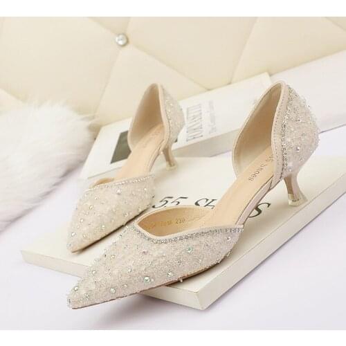 Hot Sales Women Low Heel Sequin Pumps Sandals Fashion Hollow Pointed Toe Shallow Slip on Slides Shoes Zapatos Mujer