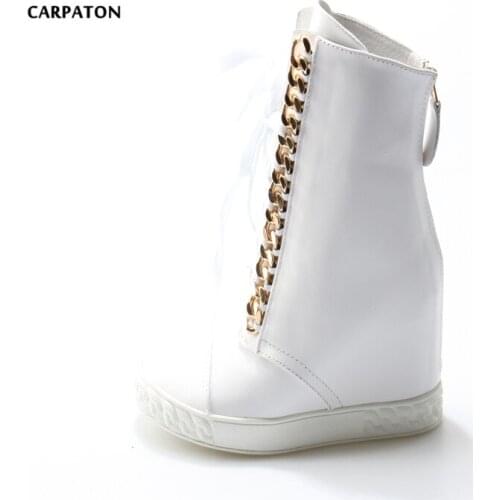 Carpaton 2018 Newest Women White Mid-Calf boots Height Increasing Double opening Zipper and shoelace with metal Buckle