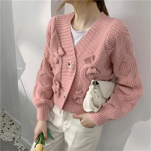 Korean Cute Pink Knitted Short Cardigan for Women 2021 Autumn Winter Fashion Solid V-neck Button Sweater Female Coat Tops ZY6104