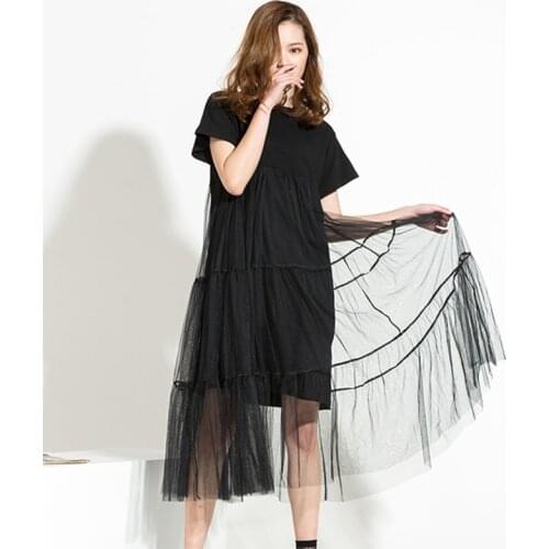 Women Black Temperament Irregular Mesh Dress New Round Neck Long Sleeve Loose Fit Fashion Tide Spring Summer