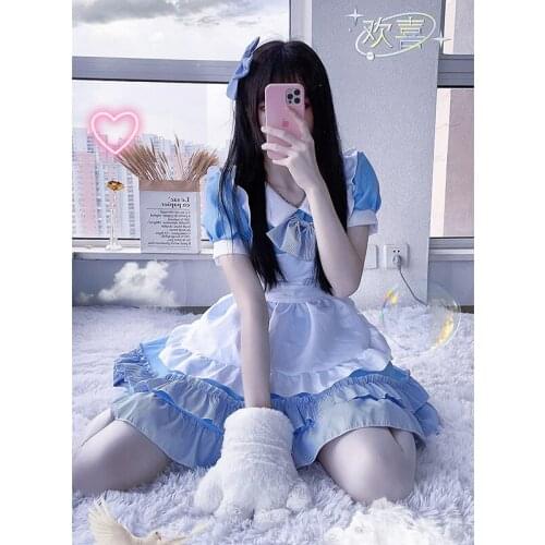 2021 New Fashion Lolita Dress Women Short Sleeve Blue White Maid Dresses Cosplay Anime Costume Japanese Style Female Jk Uniform