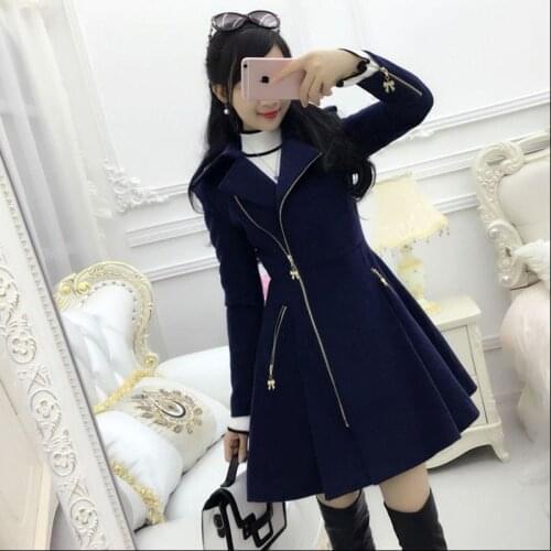 2020 Autumn Winter Women Coats Dark Blue Lady Clothing Zipper Woolen Coat Mid-length Slim
