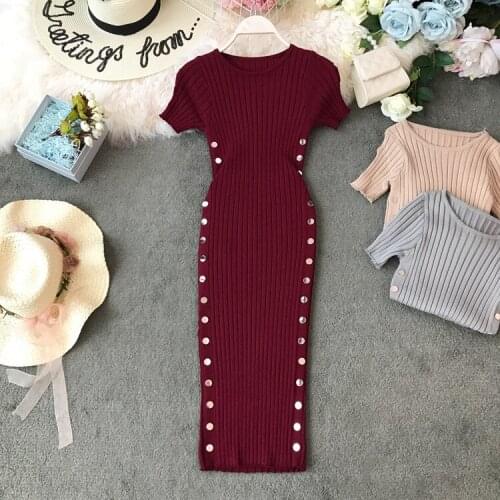 Summer Womens Knitted O-Neck Short Sleeve Slim Fit Dress Side Double Row Buckle Hip Wrap Dress Ladies Sheath Long Dress