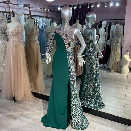 Sparkly Emerald Green One Shoulder Long Sleeve Evening Dress Glasses Runway Fashion Gown Sexy Left Split Pageant Mermaid Vestido