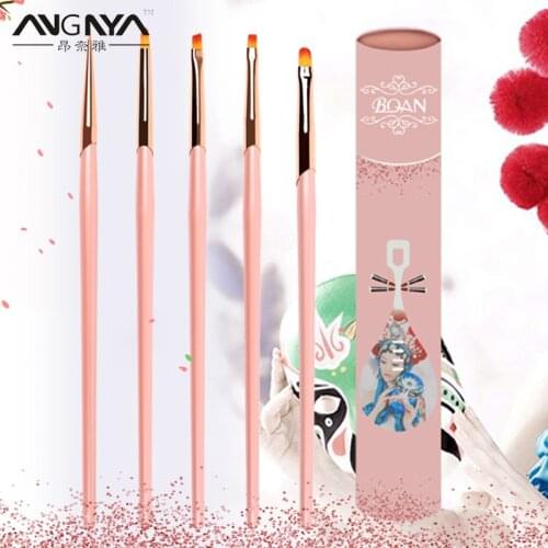 ANGNYA 5Pcs Nail Art Acrylic Liquid Powder French Flat Liner Painting Brush UV Gel Varnish Extension Design Nail Tool with Box