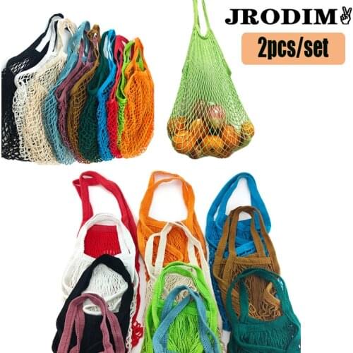 2PCS Reusable Portable Grocery Bags Fruit Vegetable Bag Washable Cotton Mesh String Organic Organizer Handbag Handle Net Tote