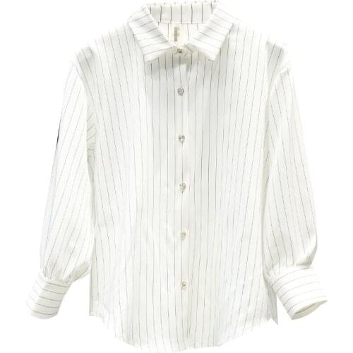 2021 Summer New Women Striped Shirts V-Neck Button V-Neck Turn-Down Lady Elegant Shirts Tops Top Quality