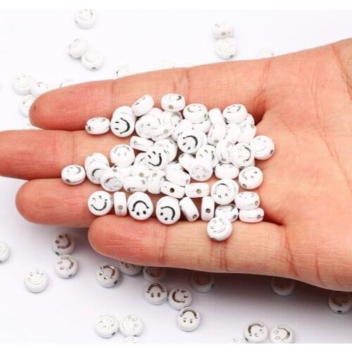 7mm White and Silvery Smile Acrylic Beads Round Flat Letter Loose Spacer Beads For Jewelry Making Diy Bracelet Necklace